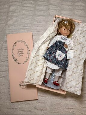 Knowles Porcelain Doll with Floral Blue Dress and Pink Box